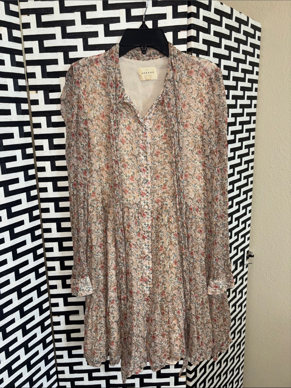 Sezane Floral Mini Dress in Cream with Pink & Green Accents